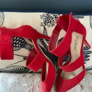 Red faux velvet heels